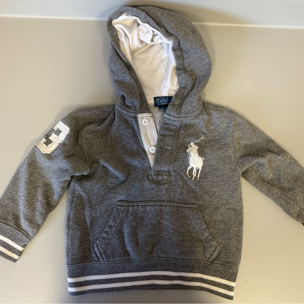 Ralph Lauren Gray Hoodie with Big Pony Logo and Striped Cuffs